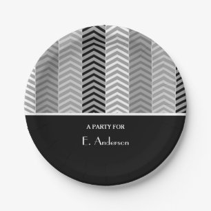 Contemporary Black White Chevron Stripes and Name Paper Plate