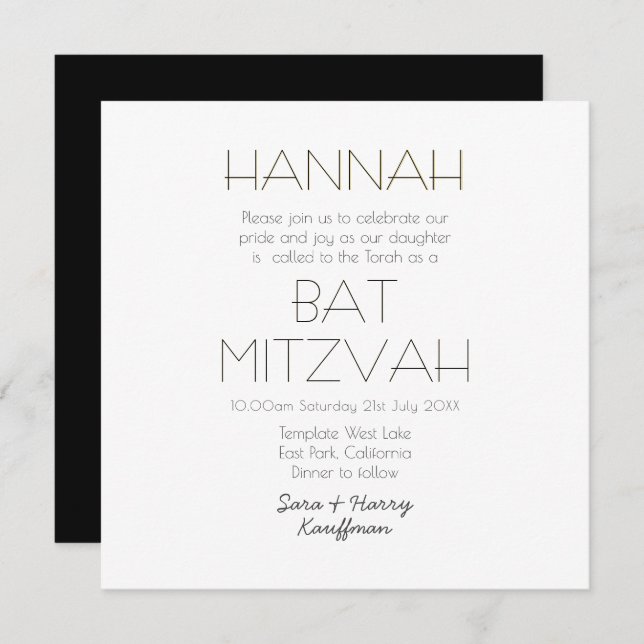 Contemporary Black White Gold BAT MITZVAH Classic Invitation (Front/Back)