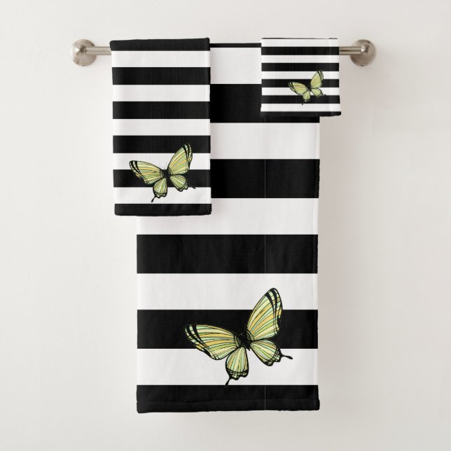 Contemporary Black White Stripes Butterfly  Bath Towel Set (Insitu)