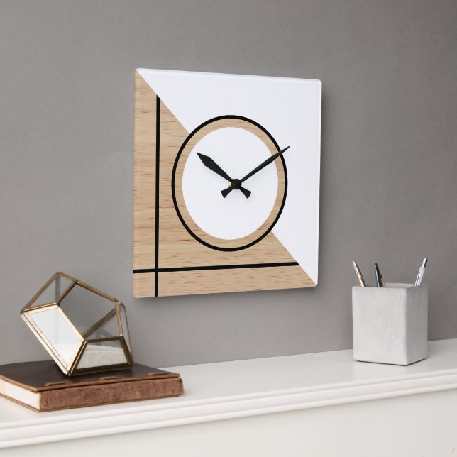 Contemporary Block Circle Stripes On Faux Wooden Square Wall Clock (Office)