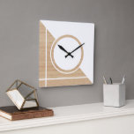 Contemporary Block Circle Stripes On Faux Wooden Square Wall Clock<br><div class="desc">Modern white block, circle and lines pattern on a light beige tan coloured faux wooden background. Classic retro chic, elegant yet simple basic design for the artistic home décor fashion designer, popular hip trendsetter, whimsical midcentury style motif lover. Available on original, classy, fun & trendy interior accents & accessories to...</div>