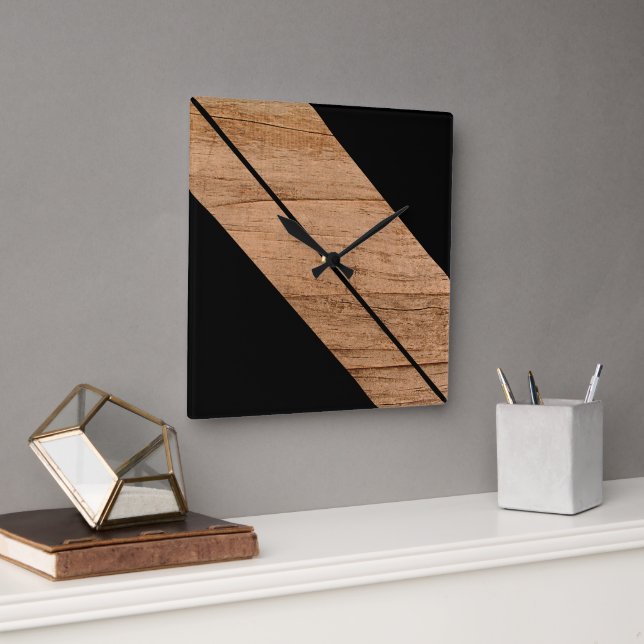 Contemporary Block Stripes On Faux Wooden Square Wall Clock (Office)