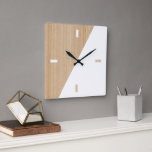 Contemporary Block Stripes On Faux Wooden Square Wall Clock<br><div class="desc">Modern white block pattern on a light beige tan coloured faux wooden background. Classic retro chic, elegant yet simple basic design for the artistic home décor fashion designer, popular hip trendsetter, whimsical midcentury style motif lover. Available on original, classy, fun & trendy interior accents & accessories to decorate your master...</div>