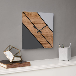 Contemporary Block Stripes On Faux Woodgrain Square Wall Clock