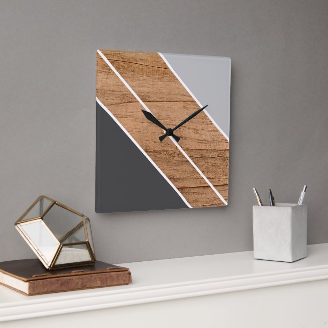 Contemporary Block Stripes On Faux Woodgrain Square Wall Clock (Office)