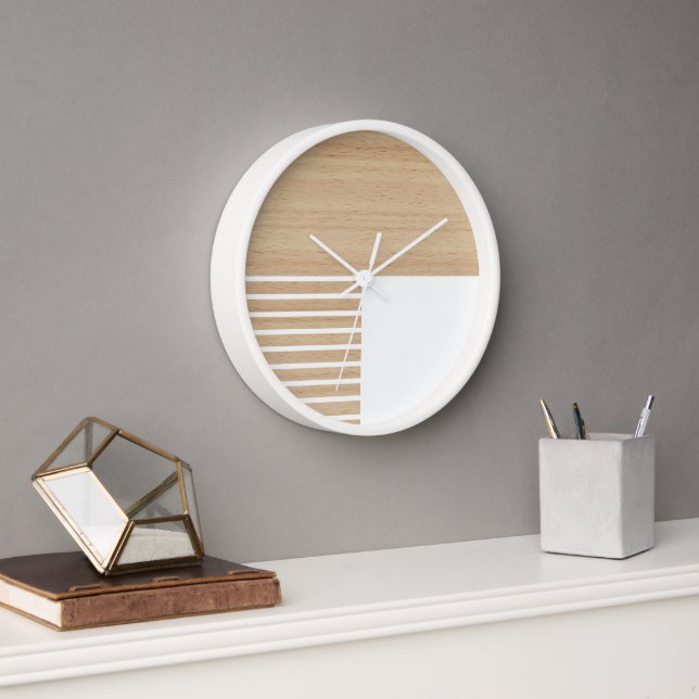 Contemporary Block Stripes Pattern On Faux Wooden Clock (Office)