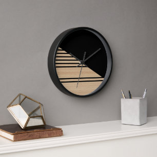 Contemporary Block Stripes Pattern On Faux Wooden Clock