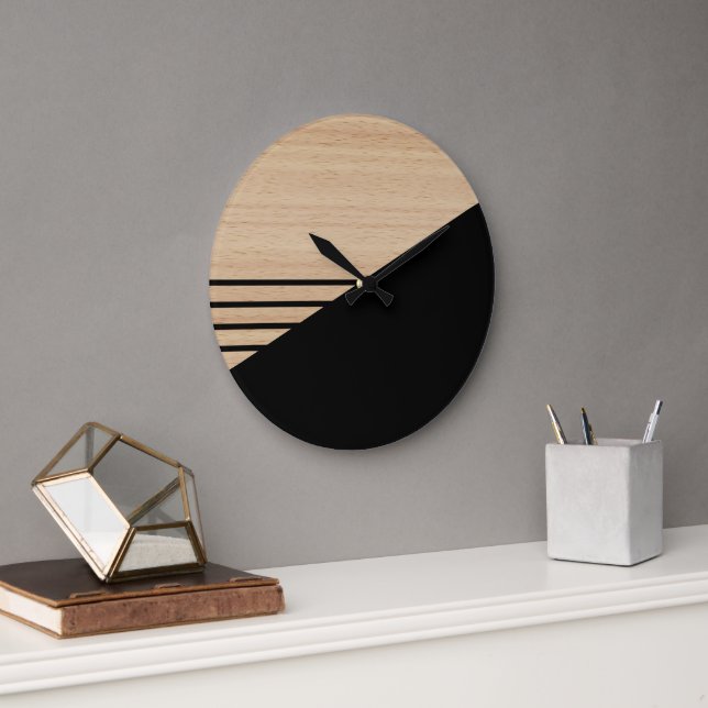 Contemporary Block Stripes Pattern On Faux Wooden Large Clock (Office)
