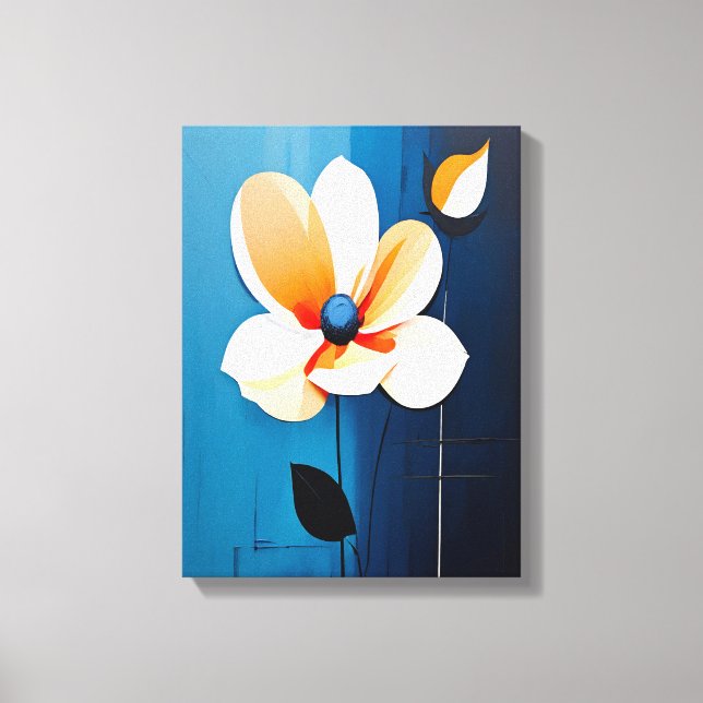 Contemporary Blue and Orange Floral Art Canvas Print (Front)