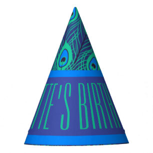CONTEMPORARY BLUE GREEN PEACOCK FEATHERS PATTERN PARTY HAT