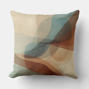 Contemporary Blue Rusty Brown Beige Abstract Print Throw Pillow
