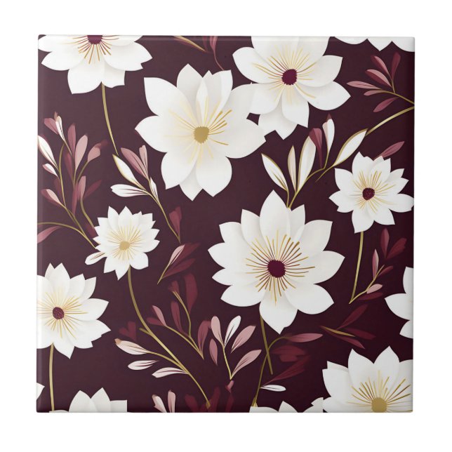 Contemporary Burgundy Floral Botanical Tile (Front)