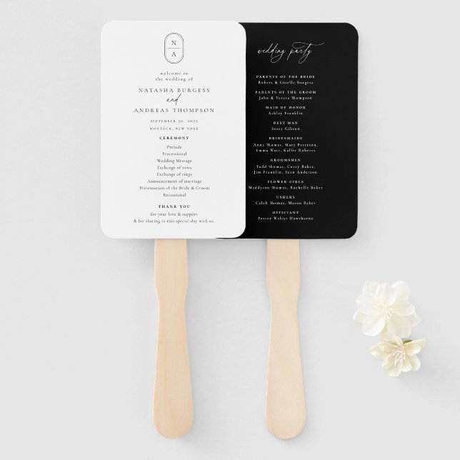Contemporary Chic Monogram Wedding Program Hand Fan (Front and Back)