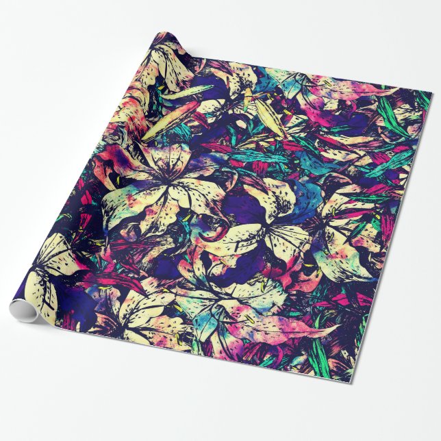 Contemporary Chic Watercolor Dragon Lilies Flowers Wrapping Paper (Unrolled)