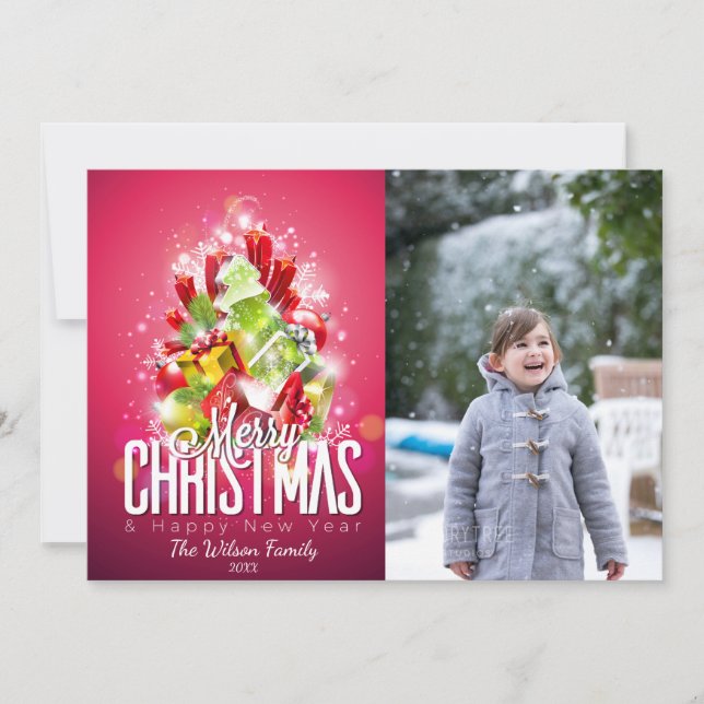 Contemporary Christmas Tree & Gifts Photo Card (Front)