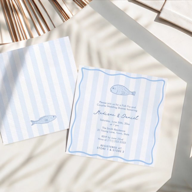 Contemporary Doodle Fish Fry Engagement Party Invitation (Trendy hand-drawn blue and white fish fry couples wedding shower invitation)