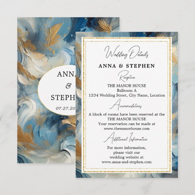 Contemporary Elegance: Blue White Gold Details Enclosure Card (Front/Back)