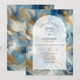 Contemporary Elegance: Blue White Gold Wedding Invitation