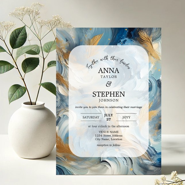 Contemporary Elegance: Blue White Gold Wedding Invitation (Contemporary Elegance in blue, white, gold brushstrokes wedding invitation front view)