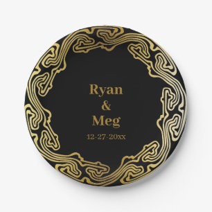 Contemporary Elegance: Modern Gold Frame Waves  Paper Plate