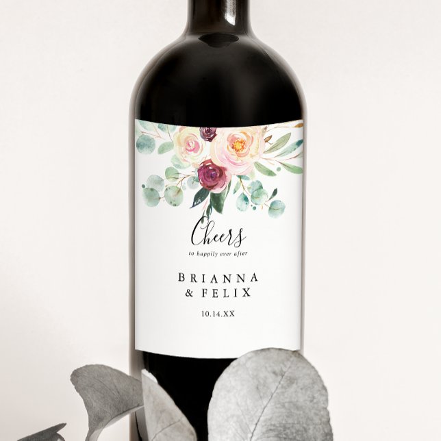 Contemporary Eucalyptus Floral Cheers Wedding Wine Label (Creator Uploaded)