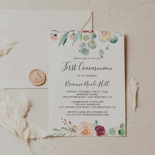 Contemporary Eucalyptus Floral First Communion Invitation (Creator Uploaded)