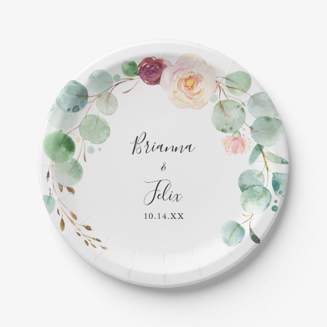 Contemporary Eucalyptus Floral Wedding Cake Paper Plate (Front)