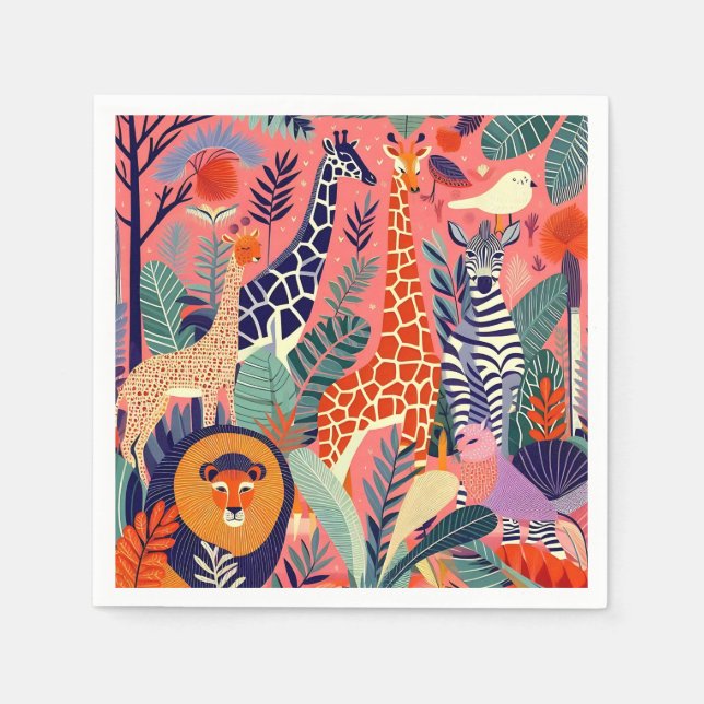 Contemporary exotic animals and birds 1 pink napkin (Front)
