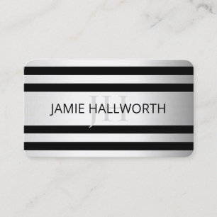 Contemporary Faux Silver Ombre Stripes & Black Business Card