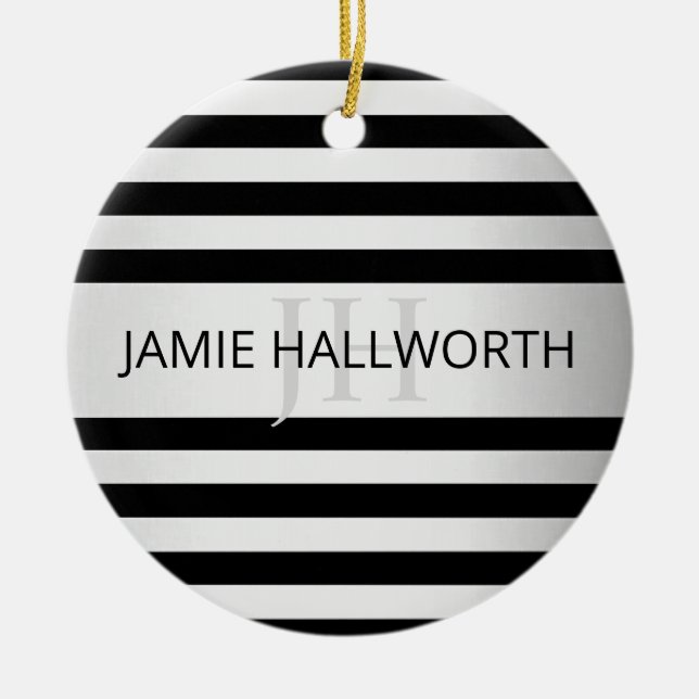 Contemporary Faux Silver Ombre Stripes & Black Ceramic Ornament (Front)