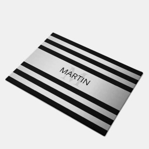 Contemporary Faux Silver Ombre Stripes & Black Doormat