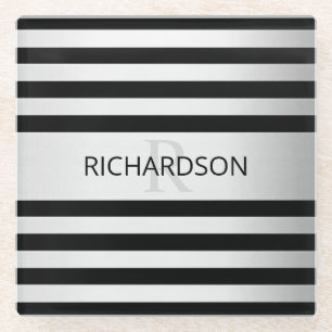 Contemporary Faux Silver Ombre Stripes & Black Glass Coaster