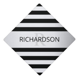 Contemporary Faux Silver Ombre Stripes & Black Graduation Cap Topper