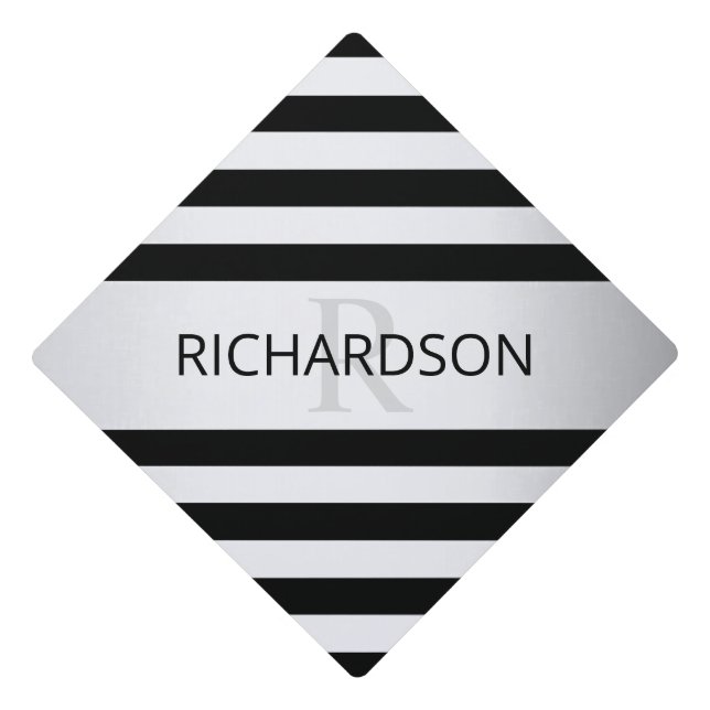 Contemporary Faux Silver Ombre Stripes & Black Graduation Cap Topper (Front)