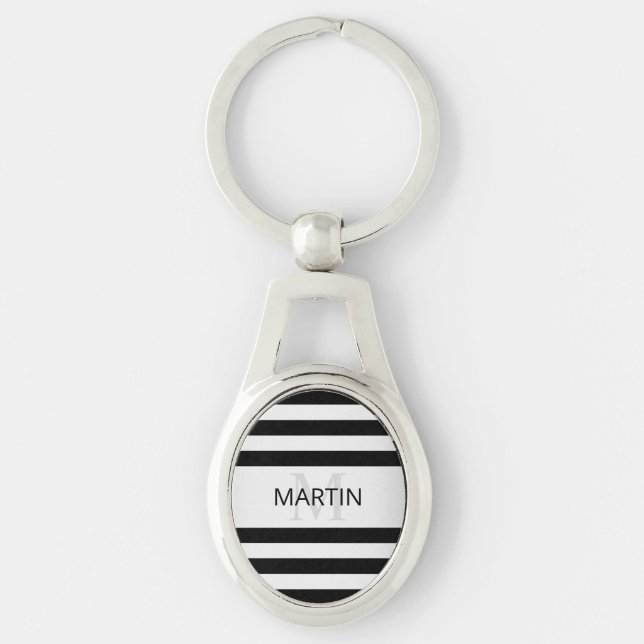 Contemporary Faux Silver Ombre Stripes & Black Keychain (Front)