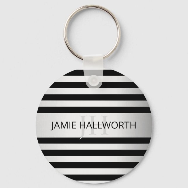Contemporary Faux Silver Ombre Stripes & Black Keychain (Front)