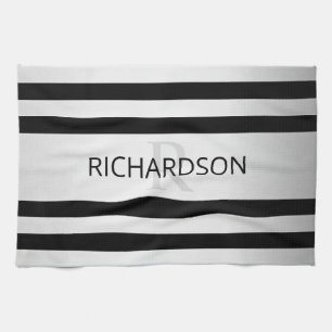 Contemporary Faux Silver Ombre Stripes & Black Kitchen Towel