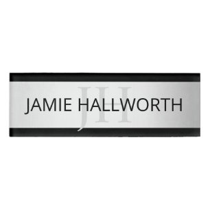 Contemporary Faux Silver Ombre Stripes & Black Name Tag