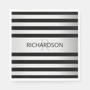 Contemporary Faux Silver Ombre Stripes & Black Napkin