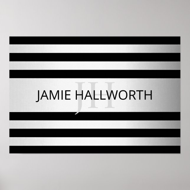 Contemporary Faux Silver Ombre Stripes & Black Poster (Front)