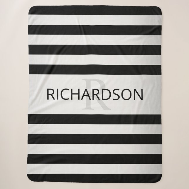 Contemporary Faux Silver Ombre Stripes & Black Sherpa Blanket (Front)