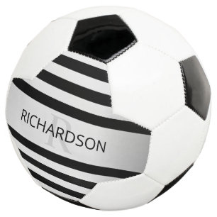 Contemporary Faux Silver Ombre Stripes & Black Soccer Ball