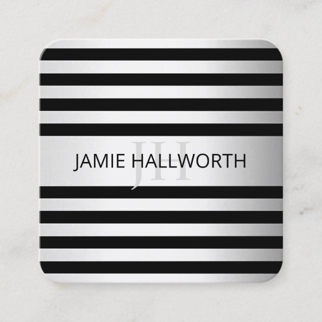 Contemporary Faux Silver Ombre Stripes & Black Square Business Card (Front)
