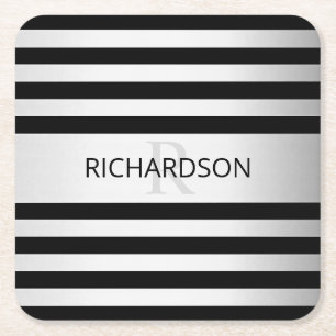 Contemporary Faux Silver Ombre Stripes & Black Square Paper Coaster