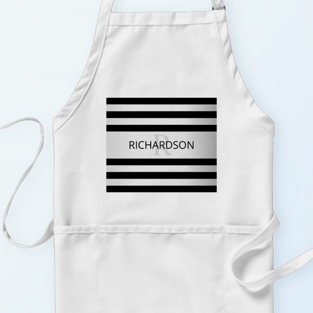 Contemporary Faux Silver Ombre Stripes & Black Standard Apron (Creator Uploaded)