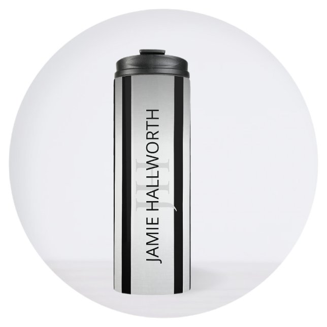 Contemporary Faux Silver Ombre Stripes & Black Thermal Tumbler (Creator Uploaded)
