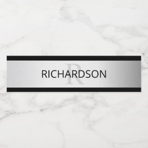Contemporary Faux Silver Ombre Stripes & Black Water Bottle Label