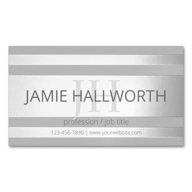 Contemporary Faux Silver Ombre Stripes & Grey Magnetic Business Card (Front)