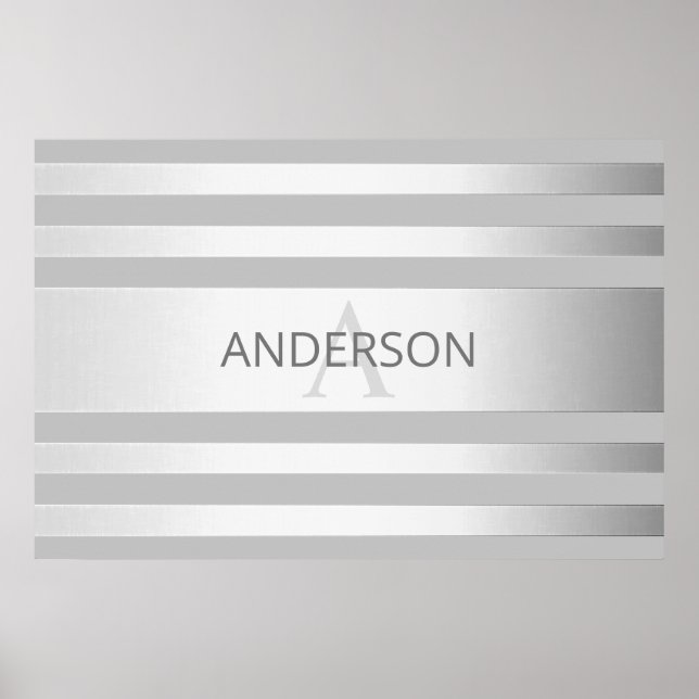 Contemporary Faux Silver Ombre Stripes & Grey Poster (Front)