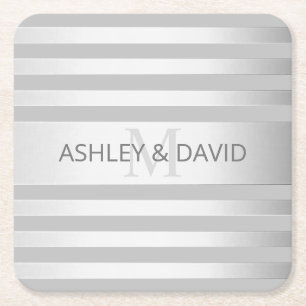 Contemporary Faux Silver Ombre Stripes & Grey Square Paper Coaster